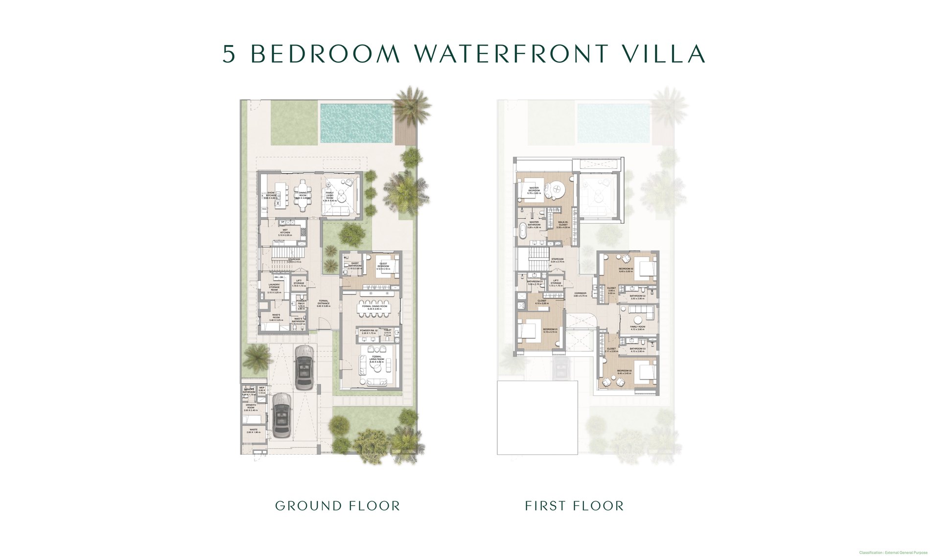 Five-bedroom waterfront villa floor plan at Yas Riva Reserve: ground floor and first floor