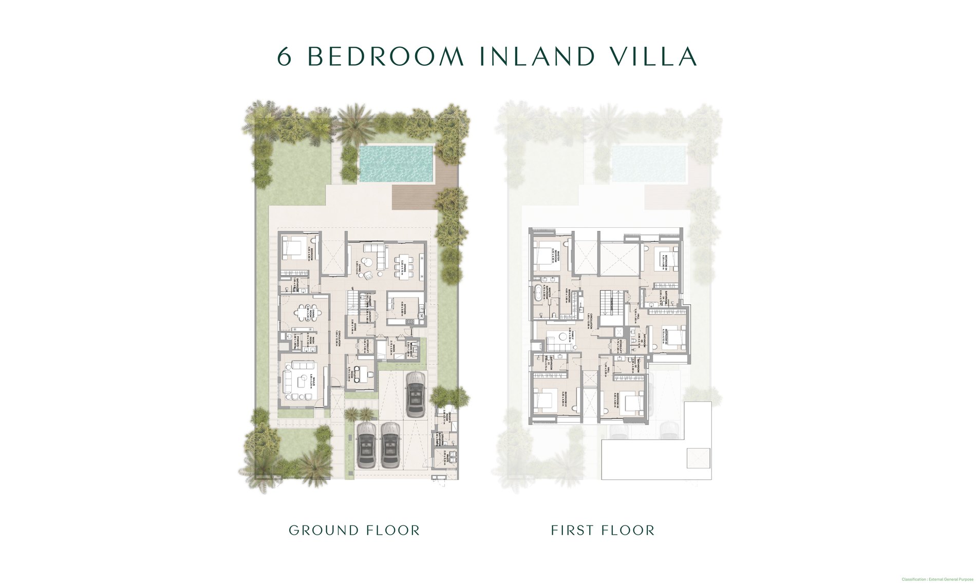 Six-bedroom inland villa floor plan at Yas Riva Reserve: ground floor and first floor