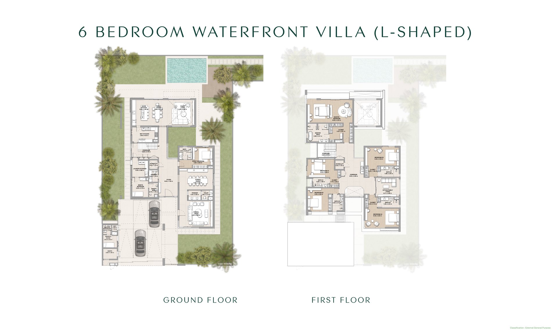 L-shaped six-bedroom waterfront villa floor plan at Yas Riva Reserve: ground floor and first floor