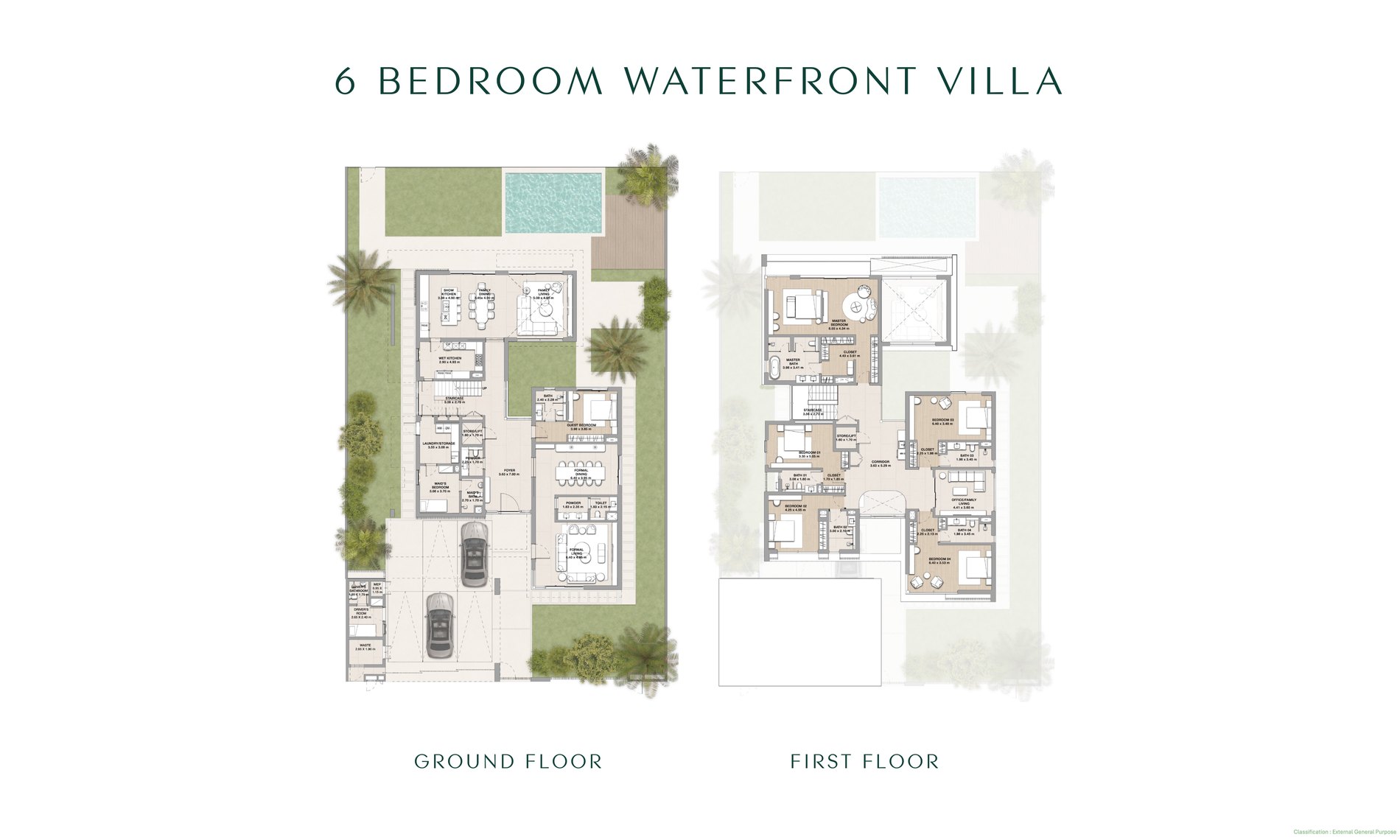 Six-bedroom waterfront villa floor plan at Yas Riva Reserve: ground floor and first floor
