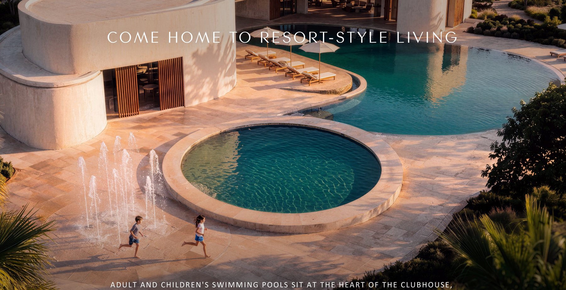 The adult and children's swimming pools at the heart of the clubhouse at Yas Riva Reserve