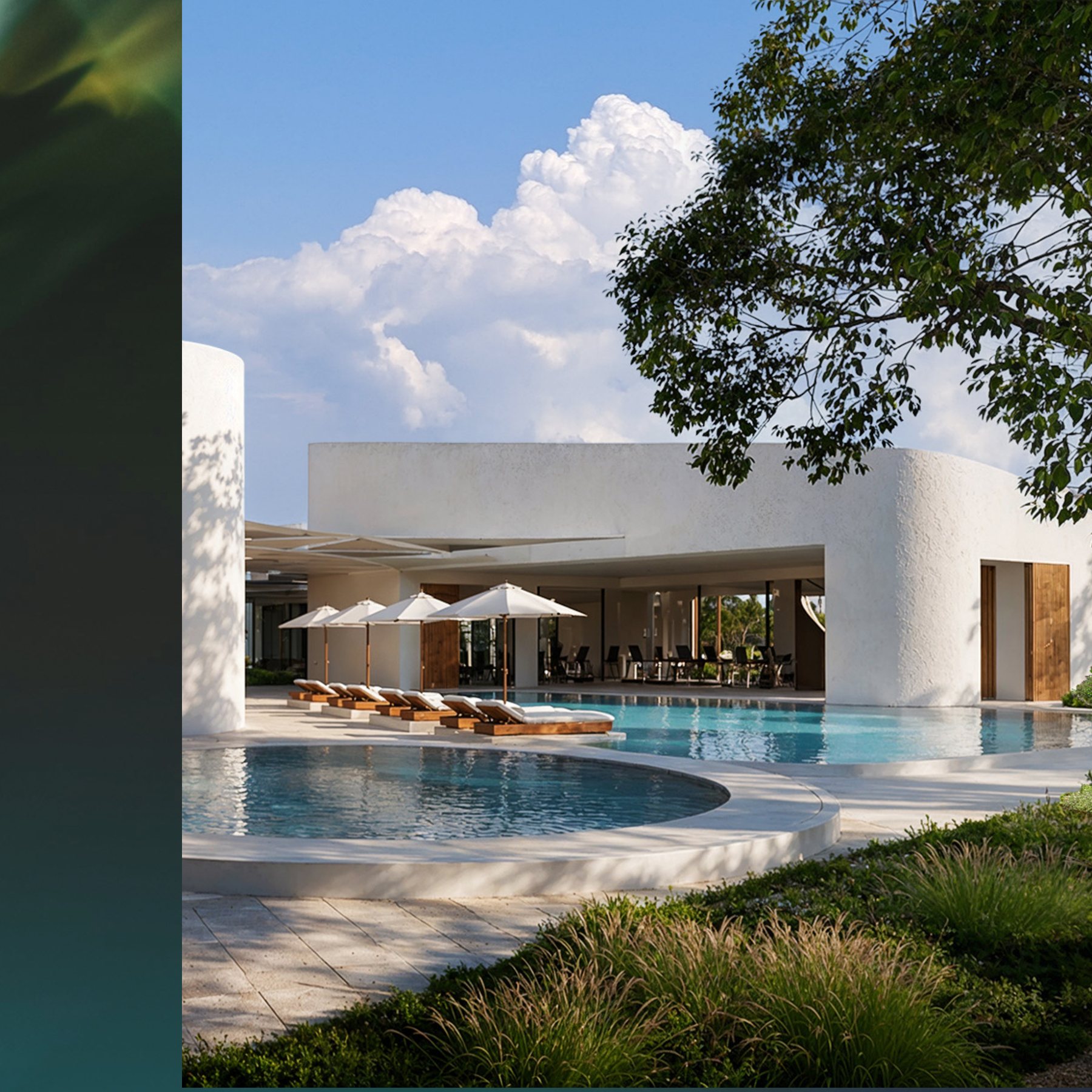 The adult swimming pool and shaded terrace at Yas Riva Reserve