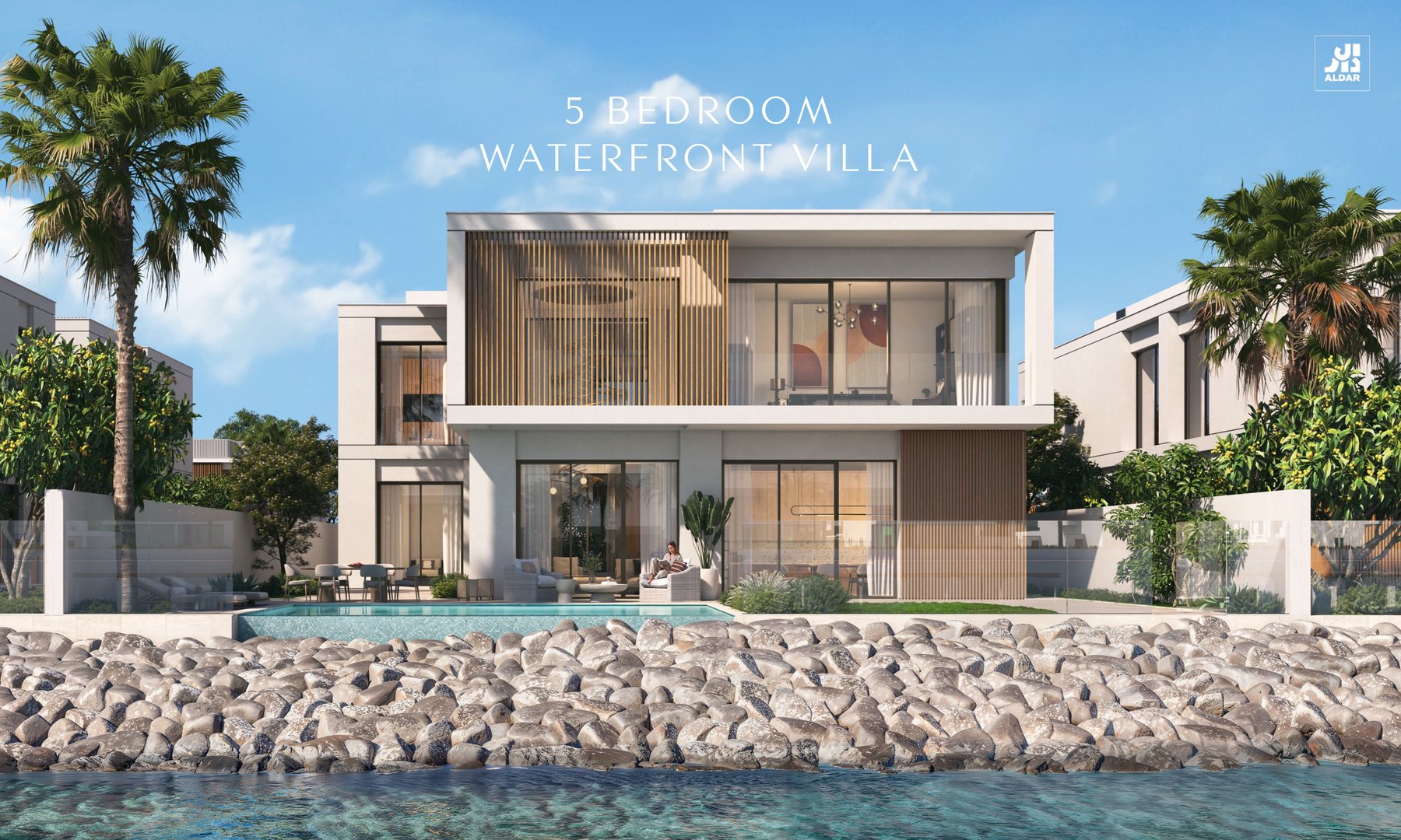 Aldar's render of the five-bedroom waterfront villa at Yas Riva Reserve, seen from the canal