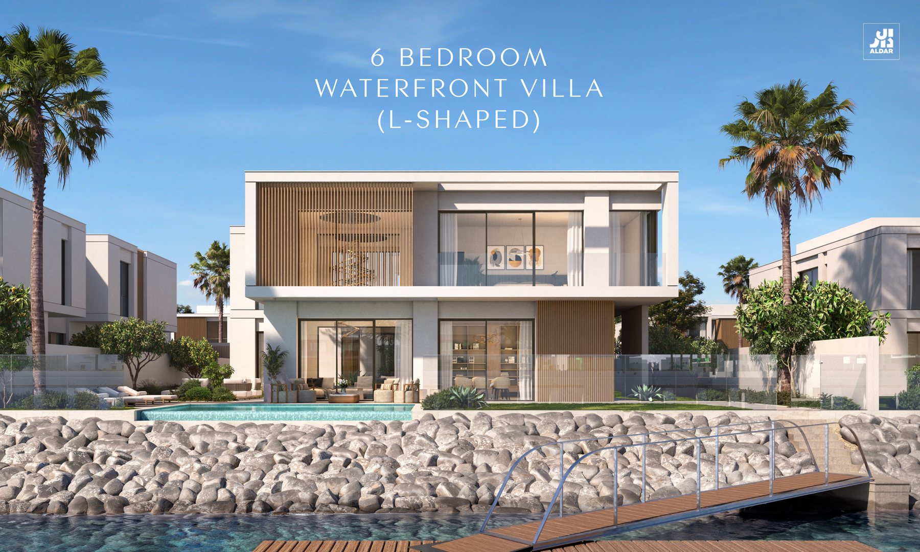 Aldar's render of the L-shaped six-bedroom waterfront villa at Yas Riva Reserve