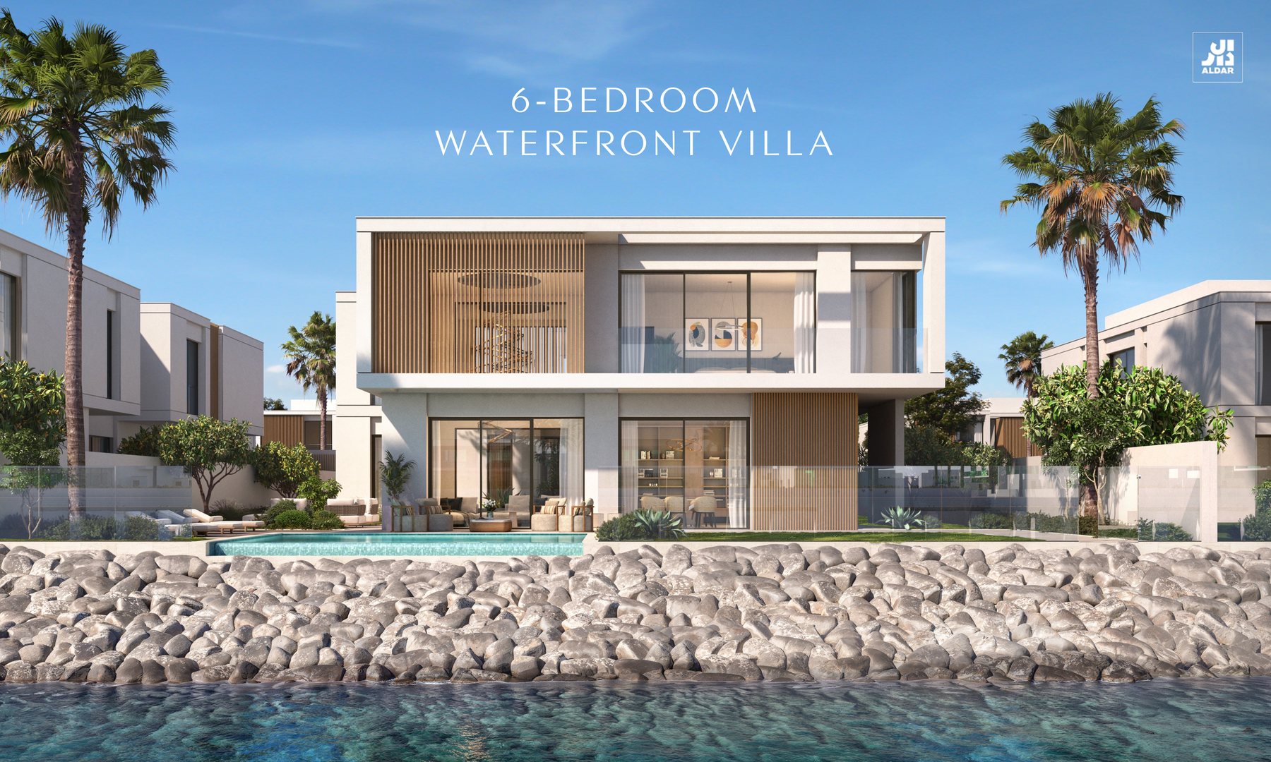 Aldar's render of the six-bedroom waterfront villa at Yas Riva Reserve, seen from the canal